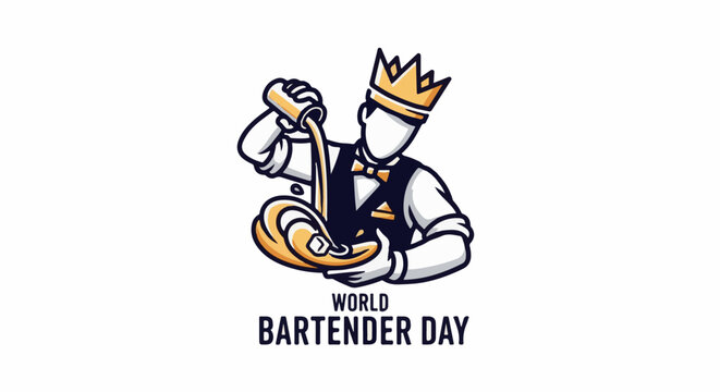 Stylized bartender wearing a crown pours liquid into a shaker, celebrating the day