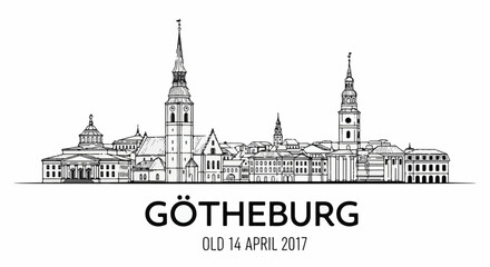 Naklejka premium Stylized black and white drawing of a city skyline with varied architecture and prominent towers