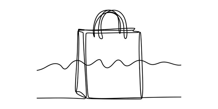 A minimalist single line drawing illustration of a simple paper shopping bag on a white background Vector, illustration