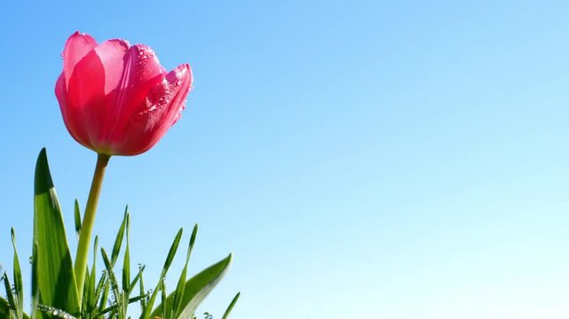 Pastel sky blue background with single tulip and grass minimal spring banner