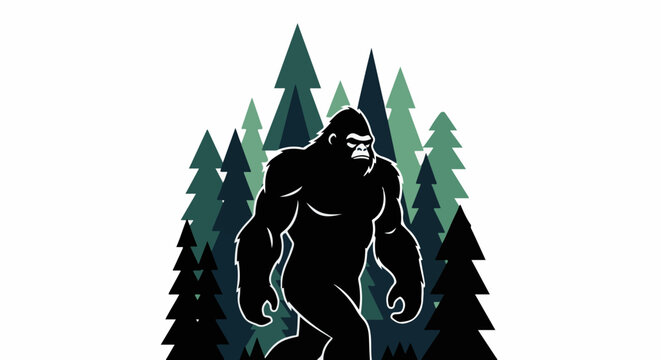 Stylized black Bigfoot figure walks among dark green pine trees