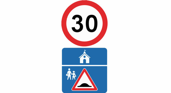 Speed limit 30, school zone, and speed bump warning signs