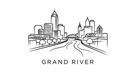 Obraz premium Sketch of a city skyline with a river and bridge in the foreground