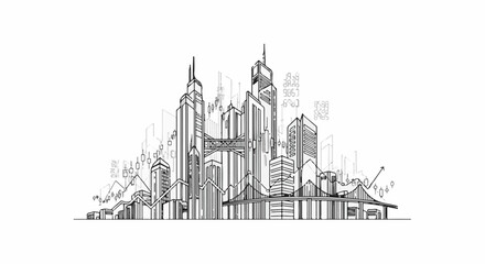 Obraz premium Sketch of a futuristic city skyline integrated with financial data and stock market charts