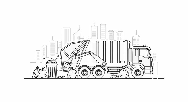Sketch of a garbage truck collecting trash bags in a city