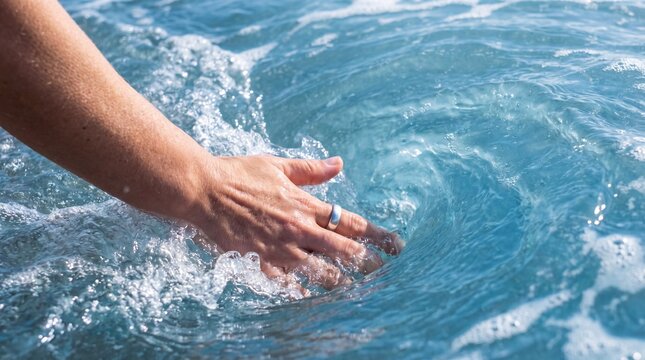 Hand touching clear water, splash, sunlight, summer, Caucasian
