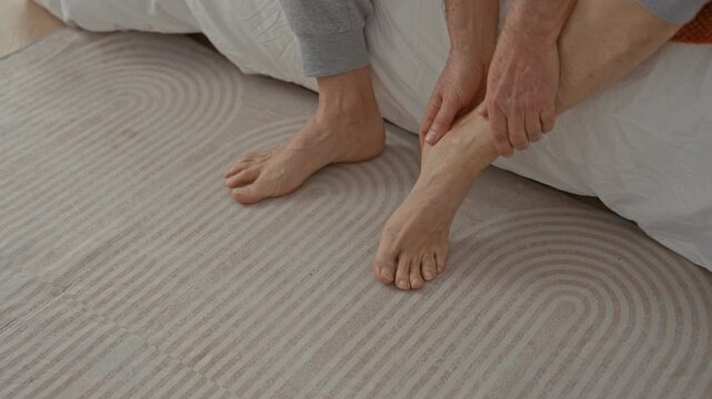 Man middleaged hispanic holding ankle on studio bed, seated barefoot with hands massaging ankle, visible rug pattern and duvet edge; pain relief.