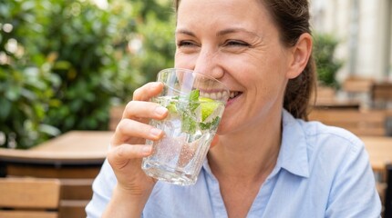 Fototapeta premium Smiling woman drinking sparkling water with lime and mint in outdoor cafe, refreshing moment and relaxed summer vibe