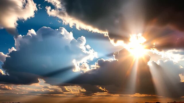 Breathtaking sunshine beaming through dramatic clouds layers at sunset, picturesque awe-inspiring moment, nature essence capture, cloudscape photography, with copy space