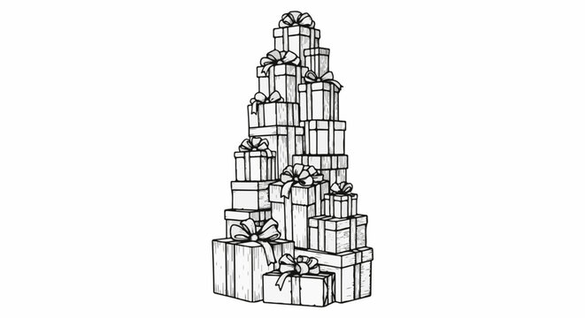 Stack of sketched gift boxes with ribbons, varying sizes, piled high