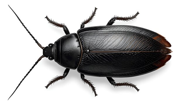 A meticulously detailed dorsal perspective of a robust, black beetle, emphasizing the subtle striations along its elytra and the complex morphology of its thorax and head.