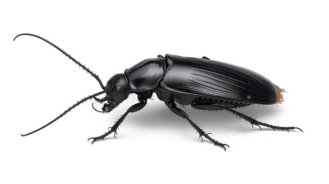 A hyper-realistic, lateral-profile rendering of a dark, chitinous coleopteran insect, showcasing the intricate articulation of its jointed appendages and the glossy sheen of its exoskeleton