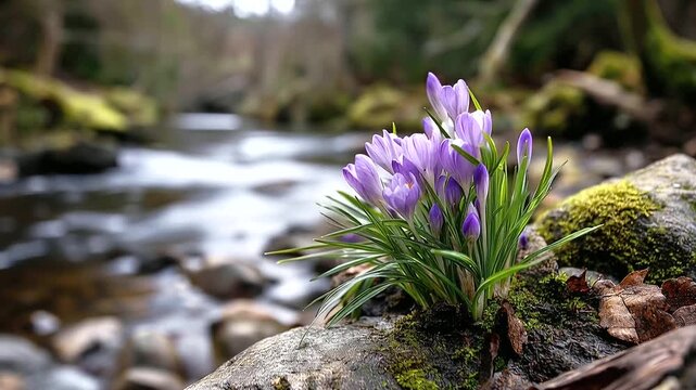 Delicate crocus flowers emerging from rocky soil, serene stream beside, nature's beauty and resilience, tranquil environment, light and reflection, springtime botanical, with copy
