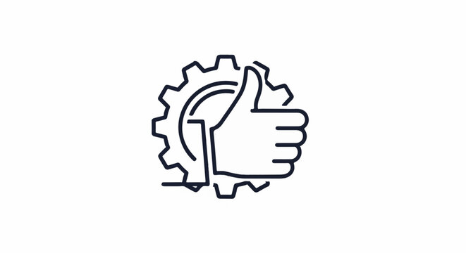 Simple outline icon of a hand giving a thumbs-up sign behind a gear