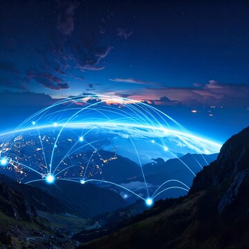 Global network over earth at night