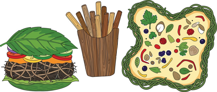 Illustration of soil structure and composition with a cross section view of a tree root system Vector
