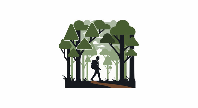 Silhouette of hiker with backpack walking on a path through a stylized forest