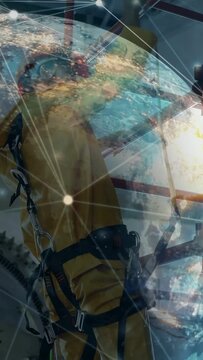 Vertical video: Industrial tech getting alert, securing anchor while globe overlay mapping nodes