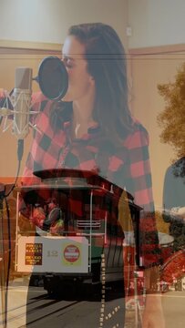 Vertical video: Singer starting take at mic, singing while trolley overlay passing for music