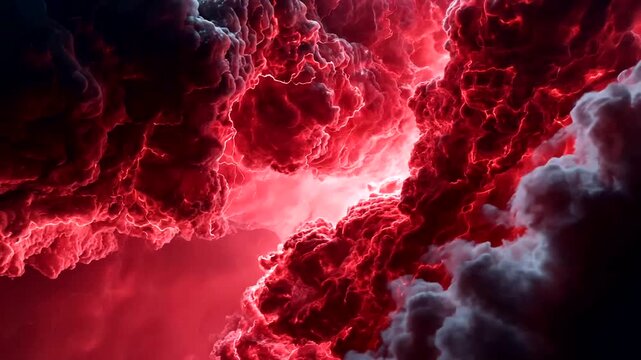 Intense red storm clouds with bright lightning strikes fill the frame, surreal and epic