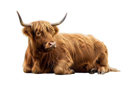 Highland cow resting on grassy field with long shaggy fur and curved horns in natural daylight