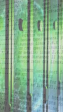 Vertical video: Tech racks showing globe while Nmap starting terminal text scrolling for port demo