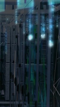 Vertical video: Camera panning racks initiating glyph streams and padlock icons showing IT security