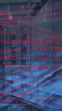 Vertical video: Red binary stream starting over rack, forming blue waves and UI for data monitoring
