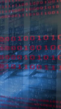 Vertical video: Hooded person monitoring racks, pulse firing red binary overlaying frame, aiding IT
