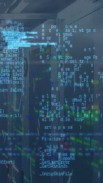 Vertical video: Flickering code overlay starting shifting text, revealing server cabinets and LEDs