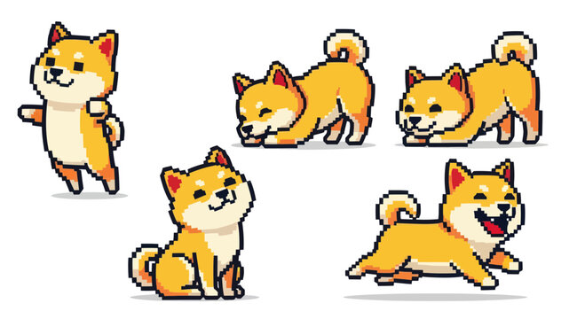 Cute Pixel Art Shiba Inu Dog Poses Set