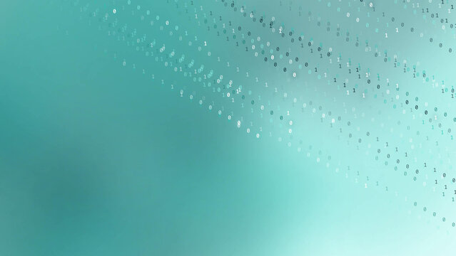 Motion watercolor Abstract Digital Binary Code Stream Flowing Downward on a Soft Teal Gradient Background