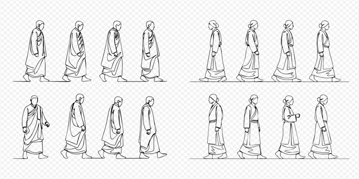 Continuous line drawing of walking monks in traditional robes, showcasing various poses and movements.