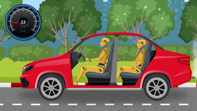 Crash test dummy animation showing car impact simulation and airbag deployment for vehicle safety testing.