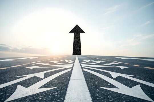 Wide asphalt road with converging white arrows leading to single large black arrow pointing upward, symbolizing unity, progress, and moving forward toward shared goal
