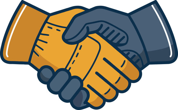 A bold vector illustration showing a close-up of a handshake between two hands wearing heavy-duty industrial work gloves