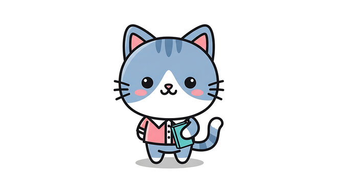 Cute pixel art cat wearing a pink vest and blue shirt, holding books, perfect for children's illustration or educational themes.
