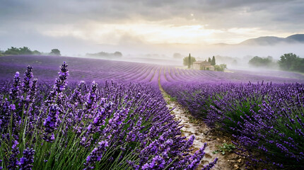 Fototapeta premium Beautiful lavender field landscape at misty morning sunrise creating a serene and picturesque rural scene with a charming farmhouse under dramatic skies.