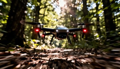 Obraz premium drone with red lights flying low over forest trail in golden sunlight during outdoor adventure