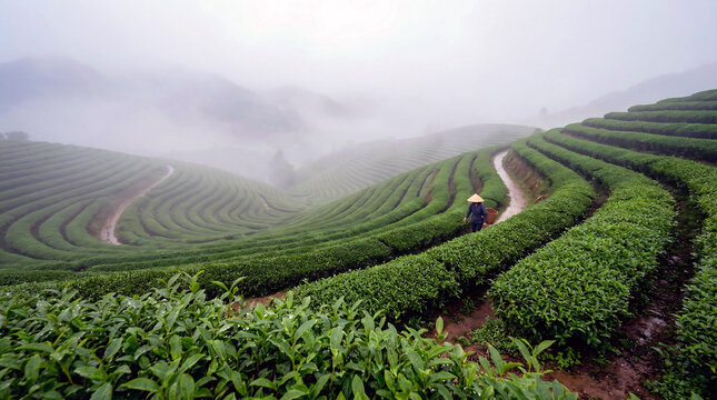 Tea picker harvesting fresh tea leaves on lush green plantation terraces in misty hills, showcasing traditional agriculture and natural beauty.
