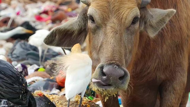 Cows eating garbage, Cows eating plastic, waste management crisis, cattle garbage dump, birds at landfill, garbage dump ecology, garbage contamination animals, crows eating birds garbage, food wastes.
