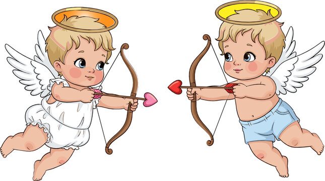 Cute Angel Cupid Icon Set Featuring Baby Angels with Bows and Arrows for Valentine's Day, Love, and Romance Illustrations