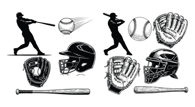 Black and white hand drawn baseball collection featuring players batting and essential gear like mitts and helmets