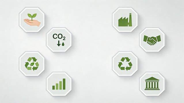 Sustainability icons for green business and ecofriendly concepts featuring recycling CO2 reduction growth charts and corporate social responsibility symbols