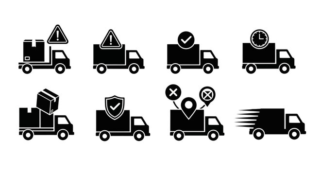 Truck icons, delivery truck symbols, transportation signs, logistics vector graphics, 8 icons