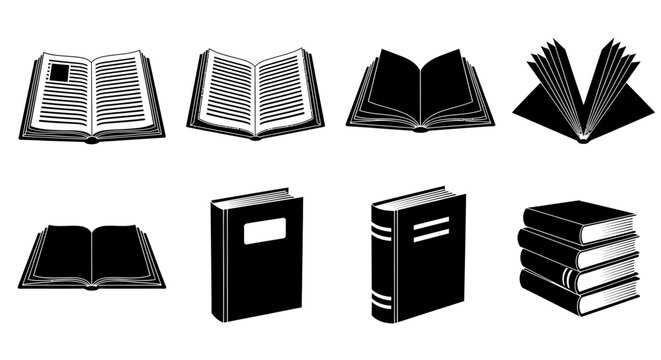 Book icons, black and white illustrations, book set, vector graphics