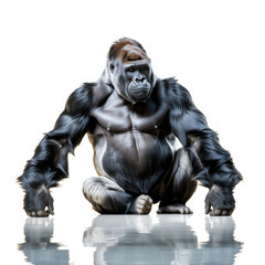 Fototapeta premium Powerful Silverback Gorilla Crouching with Reflection on White Background, Majestic Primate Animal Isolated