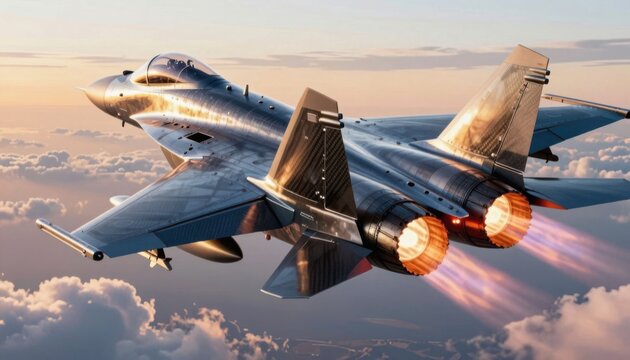 Military fighter jet soaring through cloudy sky with afterburner flames at sunset