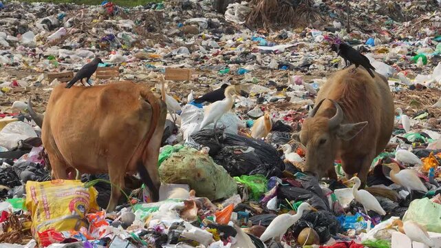 Cows eating garbage, Cows eating plastic, waste management crisis, cattle garbage dump, birds at landfill, garbage dump ecology, garbage contamination animals, crows eating birds garbage, food wastes.
