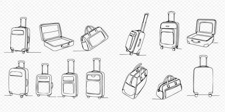 Continuous line drawing of travel bags, suitcases, and luggage for vacation and journey concept.